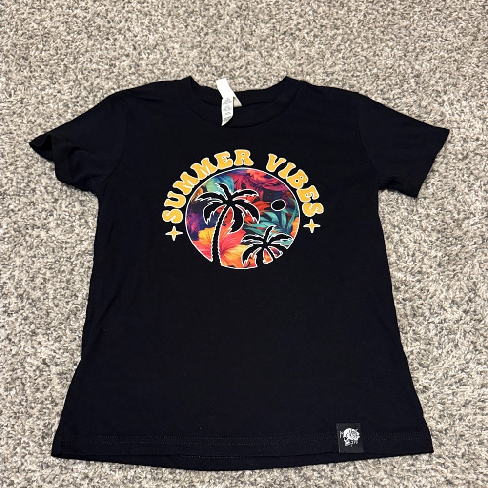 Black 'Summer Vibes' Graphic Tee with Tropical Sunset
